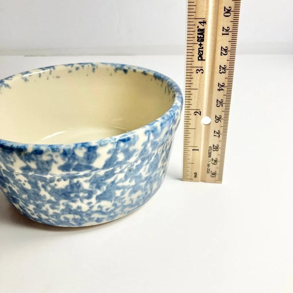 Workshops of Gerald Henn, Roseville Blue Spongeware Butter Dish with Wooden Lid